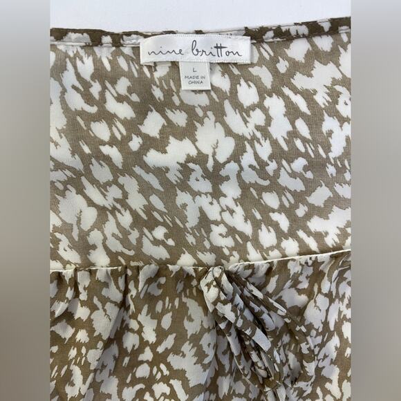 Nine Britton Cream Tan Pattern Smocked Sheer Blouse | Size L | Long Sleeve - Picture 6 of 8
